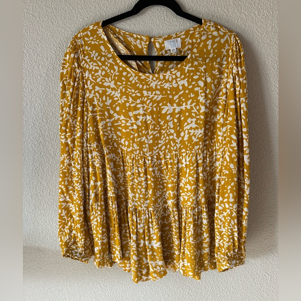 Time and Tru Mustard Yellow Floral Blouse - Size Medium (8-10)